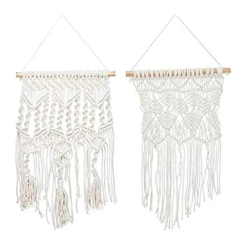Produktbild: Relaxdays Makramee Wandbehang, 2er Set, handgefertigt, Boho Style, Wanddeko, 2 Muster & Größen, Baumwolle & Holz, creme