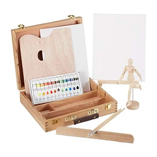 Produktbild: Relaxdays Malkoffer, 22-tlg. Malset Holz, mit Gliederpuppe, Malpalette, Pinsel, Staffelei, Leinwand & Acrylfarben, natur, 30,5 x 32 x 7,5 cm