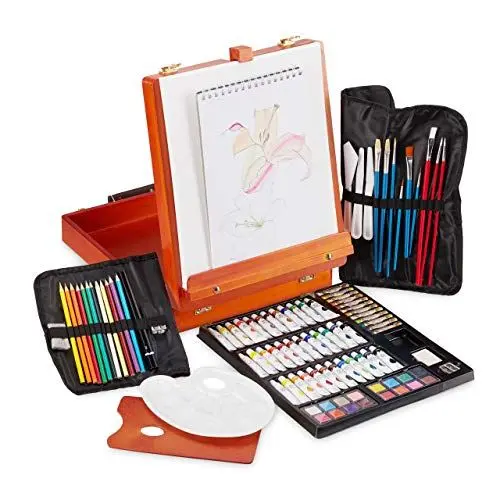 Produktbild: Relaxdays Malkoffer, 74-teiliges Malset, klappbare Tischstaffelei, Farben Set Acryl, Öl, Künstlerkoffer aus Holz, orange