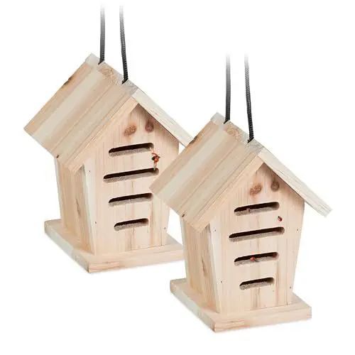 Produktbild: Relaxdays Marienkäferhaus 2X, Marienkäferhotel Garten, zum Aufhängen, Holz unbehandelt, Insektenhotel Marienkäfer, Natur