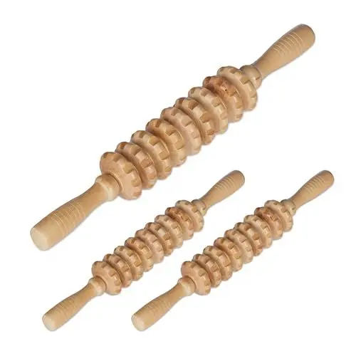 Produktbild: Relaxdays Massage Roller Holz, Massagestab mit 2 Griffen, manuelles Massagegerät für Rücken, Nacken, Arme & Beine, Natur, 5 x 38 x 5 cm