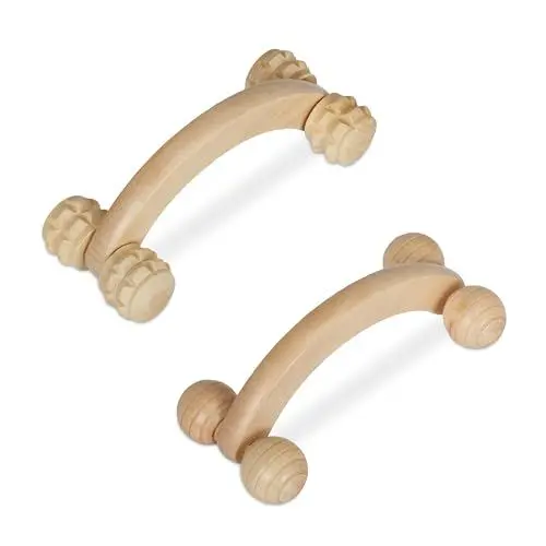 Produktbild: Relaxdays Massage Set Holz, 2 Massageroller mit Griff, manuelle Massagegeräte für Rücken, Nacken, Arme & Beine, natur