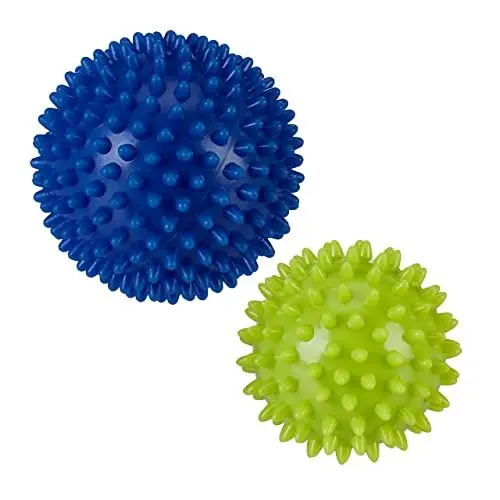Produktbild: Relaxdays Massageball 2er Set, harter Igelball, Mediball mit Noppen, Selbstmassage Ganzkörper, Ø 9 & 7,5 cm, blau/grün