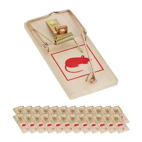 Produktbild: Relaxdays Mausefalle 25er Set, klassische Mäusefallen, wiederverwendbar, giftfrei, Schlagfalle, Metallbügel, Holz, natur