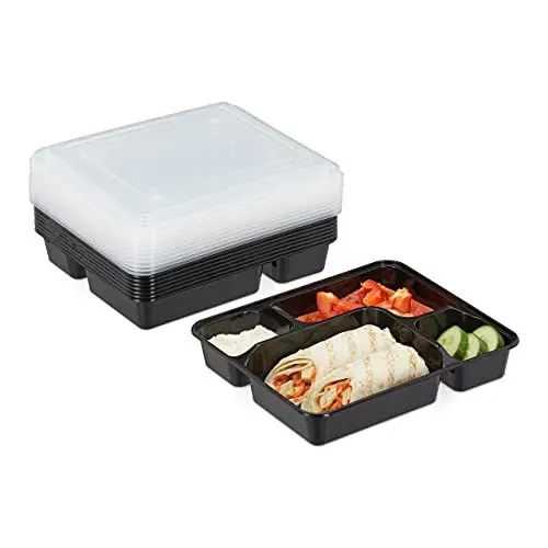 Produktbild: Relaxdays Meal Prep Boxen, 10er Set, 4 Fächer, 1000 ml, mikrowellengeeignet, Essensbox mit Deckel, Kunststoff, schwarz
