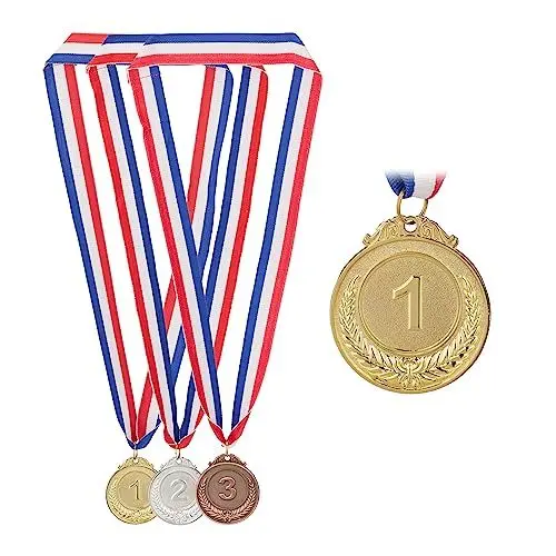 Produktbild: Relaxdays Medaille Kinder 3er Set, Ø 5 cm, 1.2.3. Platz, mit Band, Fußball, Siegermedaille, Metall, gold, silber, bronze