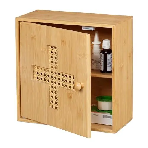 Produktbild: Relaxdays Medizinschrank, Bambus, Medikamentenschränkchen zum Hinstellen, HxBxT: 28 x 28 x 16 cm, Hausapotheke, Natur