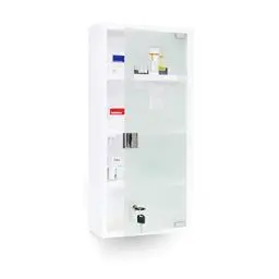 Produktbild: Relaxdays Medizinschrank EMERGENCY XXL Medikamentenschrank Metall und Glas Apothekerschrank fürs Bad HxBxT 57 x 27 x 12 cm mit magnetischer Glas-Tür 4 Ablagen für Medikamente und Verbandszeug, weiß