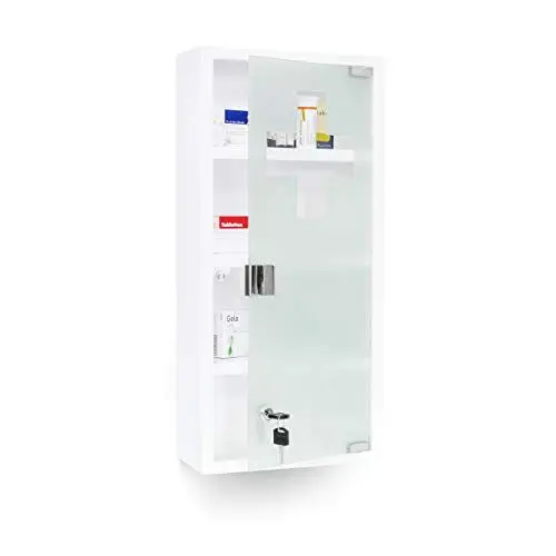Produktbild: Relaxdays Medizinschrank EMERGENCY XXL Medikamentenschrank Metall und Glas Apothekerschrank fürs Bad HxBxT 57 x 27 x 12 cm mit magnetischer Glas-Tür 4 Ablagen für Medikamente und Verbandszeug, weiß