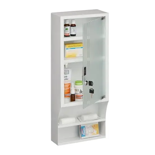Produktbild: Relaxdays Medizinschrank, Glastür, abschließbar, 5 Fächer, HBT 65x27x12 cm, für Medikamente, Arzneischrank hängend, weiß