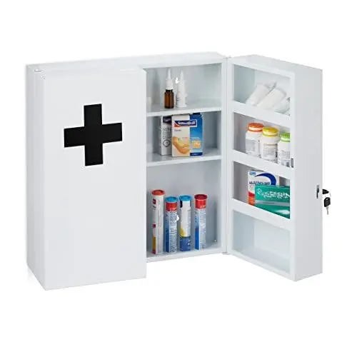 Produktbild: Relaxdays Medizinschrank XXL, abschließbar, 11 Fächer, Stahl, HBT: 53,5x53x19 cm, Arzneischrank 2-türig, weiß/schearz