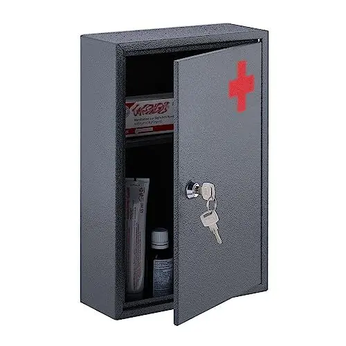 Produktbild: Relaxdays Medizinschrank, abschließbar, 2 Fächer, HxBxT: 32 x 21,5 x 8,5 cm, für Medikamente, Arzneischrank, grau/rot