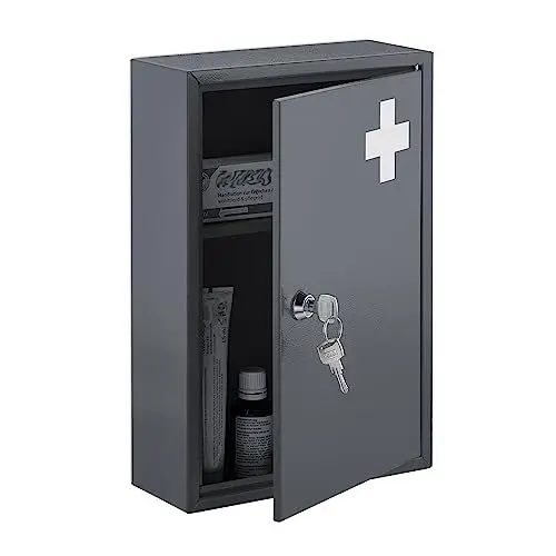 Produktbild: Relaxdays Medizinschrank, abschließbar, 2 Fächer, HxBxT: 32 x 21,5 x 9,5 cm, für Medikamente, Arzneischrank, grau/weiß