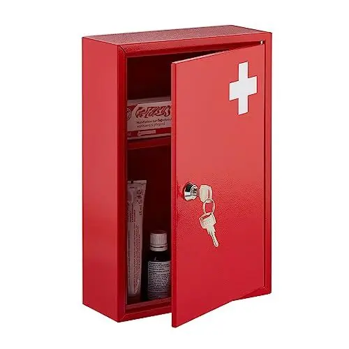 Produktbild: Relaxdays Medizinschrank, abschließbar, 2 Fächer, HxBxT: 32 x 21,5 x 9,5 cm, für Medikamente, Arzneischrank, rot/weiß