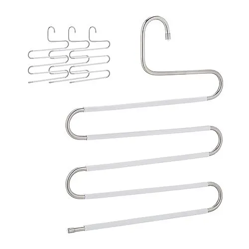 Produktbild: Relaxdays Mehrfach Hosenbügel, 4er Set, S-Form, 5 Stangen, rutschfest, platzsparende Multibügel, Metall, Silber/weiß, Gummi, 38 x 32,5 x 1 cm