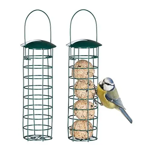 Produktbild: Relaxdays Meisenknödelhalter 2er Set, zum Aufhängen, HxD 31x8,5 cm, Vogelfutterspender für Wildvögel, Metall, dunkelgrün