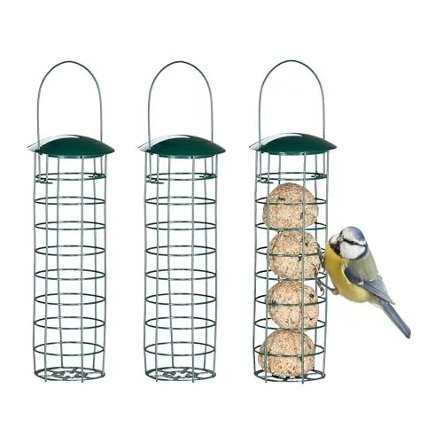 Produktbild: Relaxdays Meisenknödelhalter 3er Set, zum Aufhängen, HxD 31x8,5 cm, Vogelfutterspender für Wildvögel, Metall, dunkelgrün