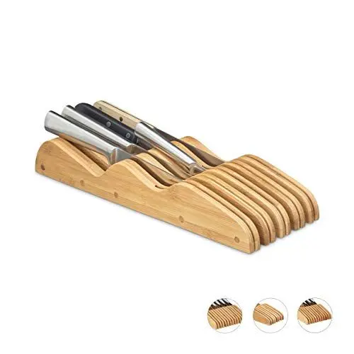 Produktbild: Relaxdays Messerblock Schublade, ohne Messer, liegend, Bambus, für 9 Messer, HBT: 5x12x40 cm, Schubladeneinsatz, natur
