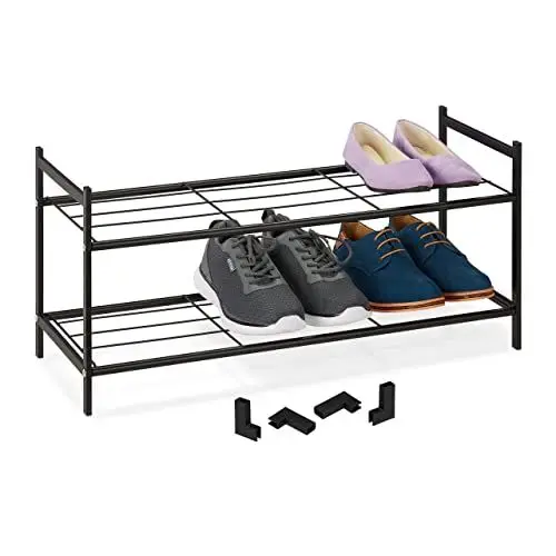 Produktbild: Relaxdays Metall Schuhregal, 2 Ebenen, stapelbar, Flur Schuhgestell HBT 33,5 x 70 x 26 cm, 6 Paar Schuhe, offen, schwarz