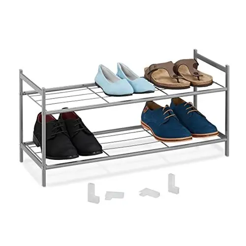 Produktbild: Relaxdays Metall Schuhregal, 2 Ebenen, stapelbar, Flur Schuhgestell HBT 33,5 x 70 x 26 cm, 6 Paar Schuhe, offen, silber