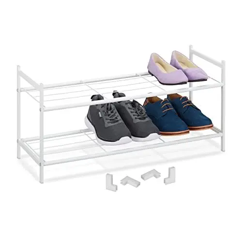 Produktbild: Relaxdays Metall Schuhregal, 2 Ebenen, stapelbar, Flur Schuhgestell HBT 33,5 x 70 x 26 cm, 6 Paar Schuhe, offen, weiß