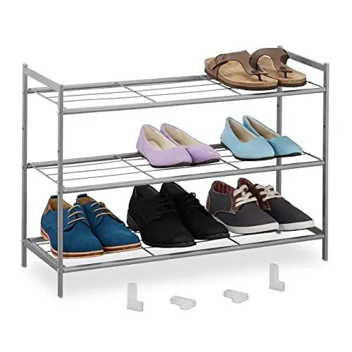 Produktbild: Relaxdays Metall Schuhregal, 3 Ebenen, erweiterbar, Flur Schuhgestell HBT 50 x 70 x 26 cm, 9 Paar Schuhe, offen, silber