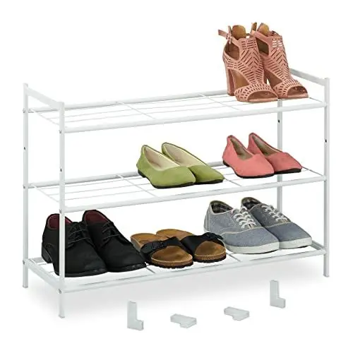 Produktbild: Relaxdays Metall Schuhregal, 3 Ebenen, erweiterbar, Flur Schuhgestell HBT 50 x 70 x 26 cm, 9 Paar Schuhe, offen, weiß