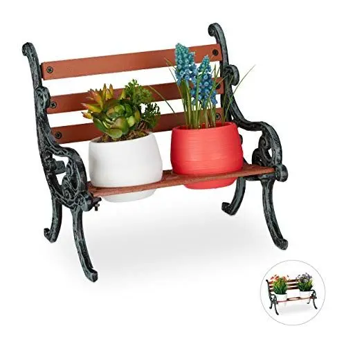 Produktbild: Relaxdays Mini Blumenbank, Gusseisen & Holz, Blumenständer für 2 Blumentöpfe, Ø 7,5 cm, Garten Deko, braun/grau-grün