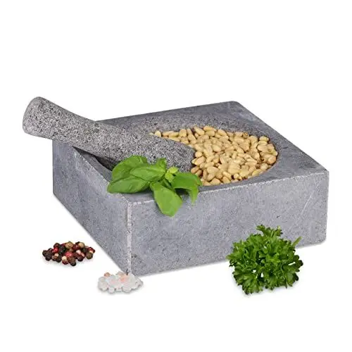 Produktbild: Relaxdays Mörser mit Stößel, Granit, HBT: 6,5 x 18,5 x 18,5 cm, poliert, langlebig, Steinmörser Gewürze & Kräuter, grau