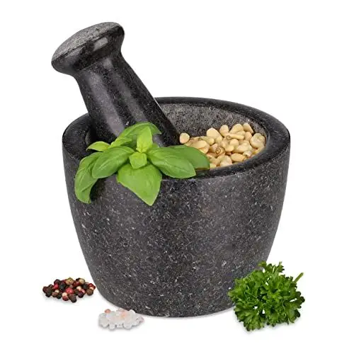 Produktbild: Relaxdays Mörser mit Stößel, Granit, H x D: 10 x 14 cm, doppelseitig, polierter Steinmörser, Gewürze & Kräuter, schwarz