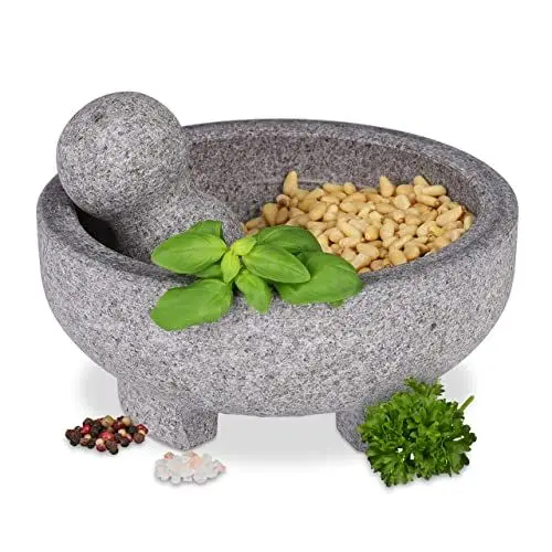 Produktbild: Relaxdays Mörser mit Stößel, Granit, H x D: 9 x 20 cm, robust, langlebig, unpoliert, Steinmörser Gewürze, Kräuter, grau