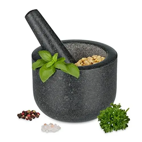 Produktbild: Relaxdays Mörser mit Stößel, Granit, HxD: 10x14 cm, robust, langlebig, polierter Steinmörser, Gewürze & Kräuter, schwarz