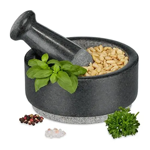 Produktbild: Relaxdays Mörser mit Stößel, Granit, HxD: 7 x 16 cm, robust, langlebig, polierter Steinmörser, Gewürze & Kräuter, grau