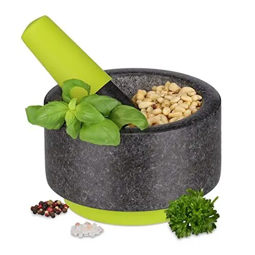 Produktbild: Relaxdays Mörser mit Stößel, Granit, HxD: 8 x 14 cm, rutschfest, langlebiger Küchenmörser, Gewürze & Kräuter, grau/grün