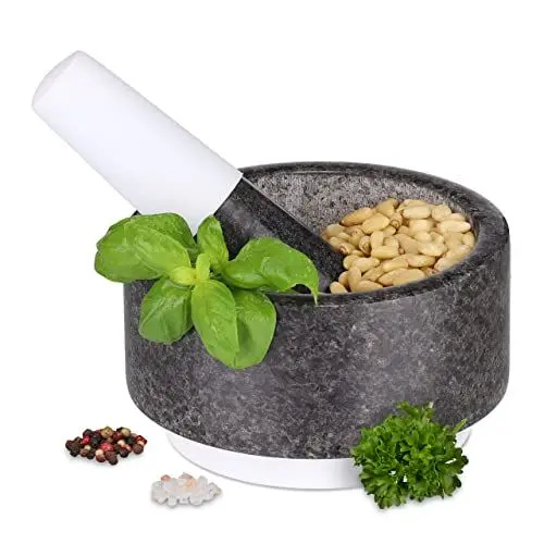 Produktbild: Relaxdays Mörser mit Stößel, Granit, HxD: 8 x 14 cm, rutschfest, langlebiger Küchenmörser, Gewürze & Kräuter, grau/weiß