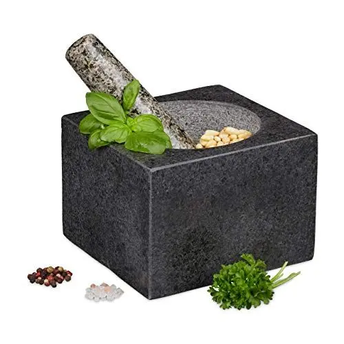 Produktbild: Relaxdays Mörser mit Stößel, Granit, poliert, für Gewürze & Kräuter, 500 ml, Steinmörser BxT: 14,5 x 14,5 cm, dunkelgrau