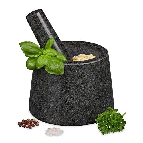 Produktbild: Relaxdays Mörser mit Stößel, Granit, poliert, langlebig, für Gewürze und Kräuter, Steinmörser D: 13,5 cm, dunkelgrau, Anthrazit