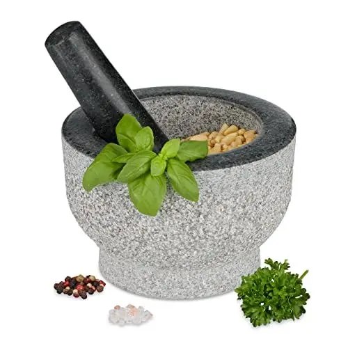 Produktbild: Relaxdays Mörser mit Stößel, Granit, runder Steinmörser, HxD: 10 x 15 cm, Gewürze & Kräuter, Schwerer Gewürzmörser, grau, 1 Stück