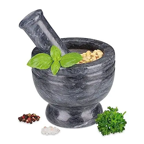 Produktbild: Relaxdays Mörser mit Stößel, Marmor, HxD: 12 x 14,5 cm, robust, polierter Steinmörser, Gewürze & Kräuter, schwarz/grau