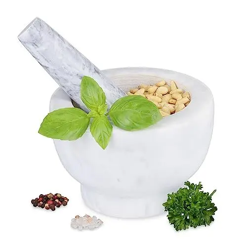 Produktbild: Relaxdays Mörser mit Stößel, Marmor, HxD: 8,5 x 13 cm, langlebiger & schwerer Küchenmörser, Gewürze & Kräuter, weiß/grau
