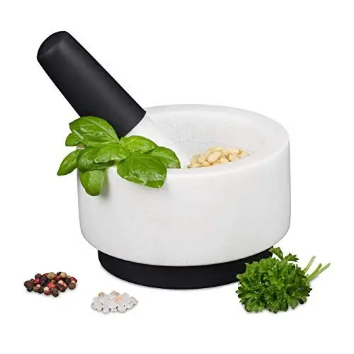 Produktbild: Relaxdays Mörser mit Stößel, Marmor, Silikon, langlebig, massiv, für Gewürze und Kräuter, Steinmörser D: 14 cm, weiß, 8 x 14 x 14 cm