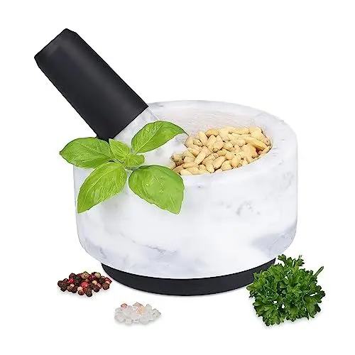 Produktbild: Relaxdays Mörser mit Stößel, Marmor, Silikon, runder Steinmörser, Gewürze & Kräuter, Gewürzmörser, Ø 14 cm, grau/weiß