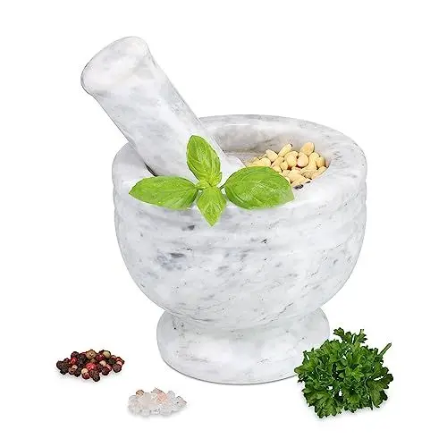 Produktbild: Relaxdays Mörser mit Stößel, Marmor, runder Steinmörser, Gewürze & Kräuter, Schwerer Gewürzmörser, Ø 15 cm, grau/weiß