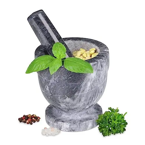Produktbild: Relaxdays Mörser mit Stößel, aus Marmor, runder Steinmörser, Ø 10,5 cm, Gewürze & Kräuter, Schwerer Gewürzmörser, grau
