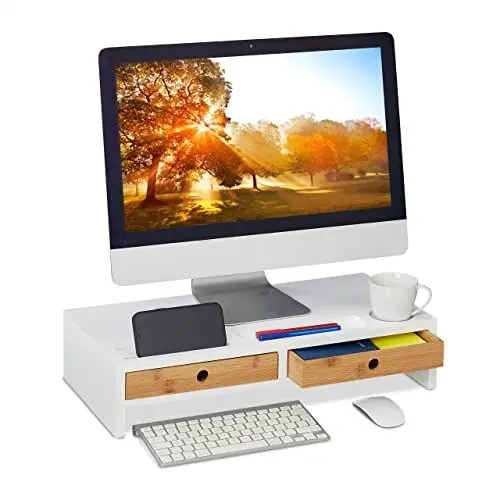 Produktbild: Relaxdays Monitorständer, 2 Schubladen, PC-Erhöhung für Schreibtisch, HxBxT: 12 x 56 x 27 cm, Bambus & MDF, weiß/Natur