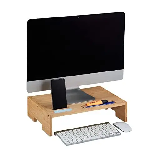 Produktbild: Relaxdays Monitorständer Bambus, 3 Fächer, Bildschirmerhöhung Schreibtisch, Monitor Unterbau, HBT: 10,5x41x28 cm, Natur, 100%