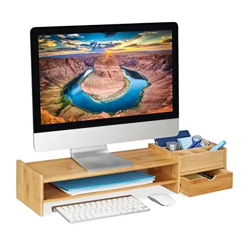 Produktbild: Relaxdays Monitorständer Bambus, Bildschirmerhöhung für Schreibtisch, HBT: 13 x 70 x 19 cm, Schublade & 7 Fächer, Natur