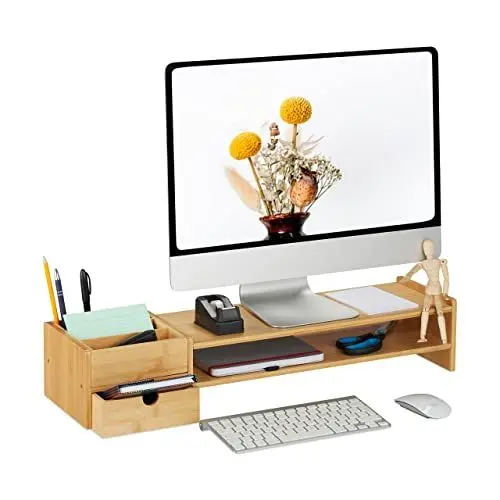 Produktbild: Relaxdays Monitorständer, Bambus, Schublade & 5 Fächer, HxBxT: 13 x 70 x 19 cm, Bildschirmständer Schreibtisch, Natur