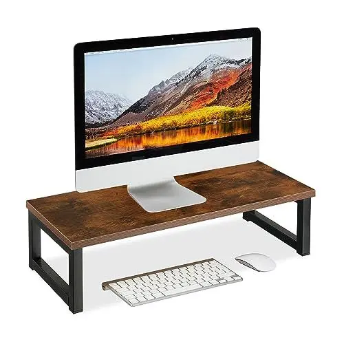 Produktbild: Relaxdays Monitorständer, Bildschirmerhöhung für Schreibtisch, HxBxT: 15 x 55 x 23 cm, Industrial Design, braun/schwarz, Stahl