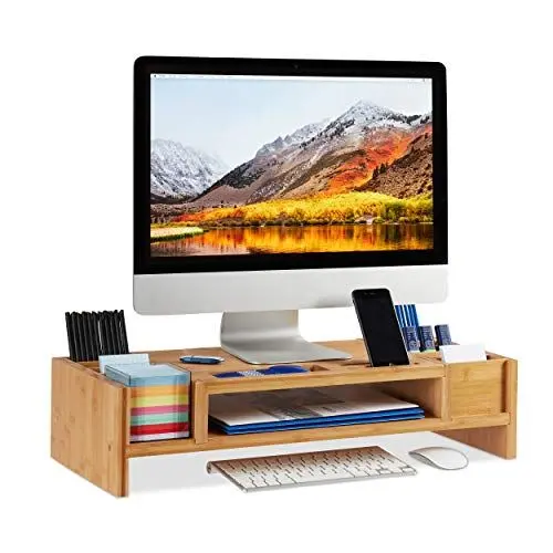 Produktbild: Relaxdays Monitorständer, Bildschirmständer aus Bambus, 14 Fächer, ergonomischer Monitorerhöher, HBT 15x65x28 cm, natur, Braun